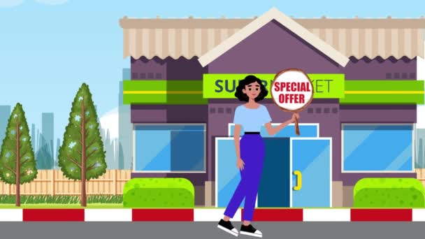 Dziewczyna Gospodarstwa Specjalna Oferta Signboard Walking Super Market Tło Animacja — Wideo stockowe