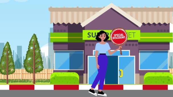 Dziewczyna Gospodarstwa Specjalny Znak Rabatowy Chodzenie Super Market Tle Animacja — Wideo stockowe