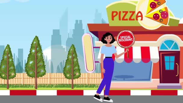 少女ホールディング特別割引看板と歩くピザショップの背景 アニメーション サイン ウォーク マーケティング ビジネス ストリート — ストック動画