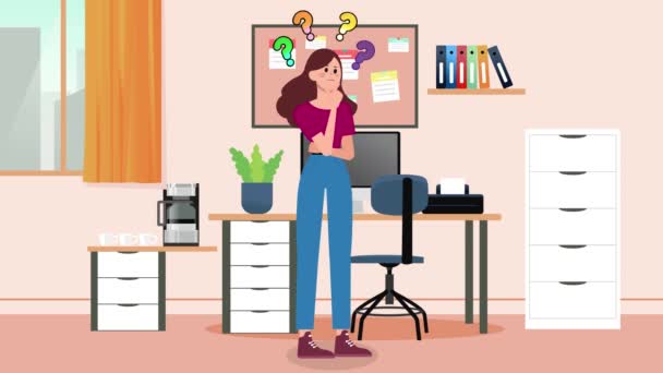 Animation Zeichentrick Mädchen Denken Büro Frau Animation Büro Hintergrund — Stockvideo