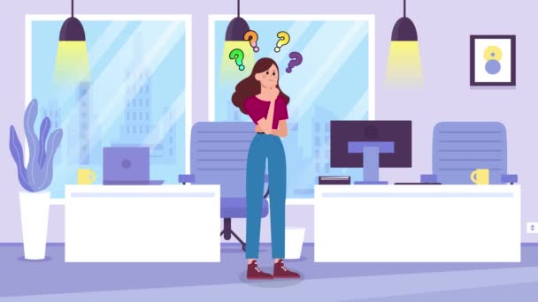 2Dアニメーション オフィスで考えている少女 アニメーション オフィスの背景 — ストック動画