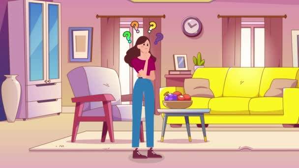 Animation Dessin Animé Fille Pensant Dans Chambre Maison Fille Femme — Video