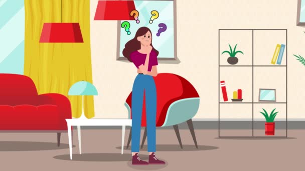 Animatie Cartoon Meisje Denken Huiskamer Meisje Vrouw Animatie Achtergrond Kamer — Stockvideo