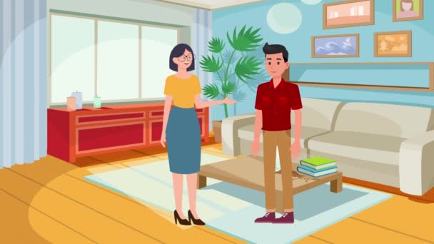 Zeichentrick Animiertes Mädchen Gespräch Mit Einem Mann Haus Raumhintergrund Frauen — Stockvideo