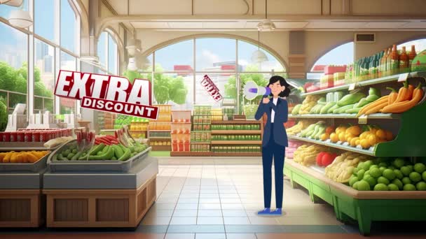 Frau Spricht Megafon Gemüseladen Hintergrund Extra Rabatt Zeichentrickfigur Gemüseladen Animation — Stockvideo