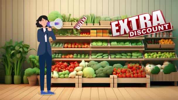Wanita Berbicara Megaphone Latar Belakang Toko Sayuran Diskon Ekstra Karakter — Stok Video
