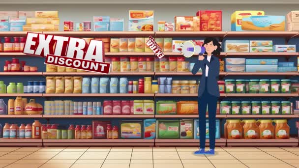メガフォンで話す女性 ショッピングモールの背景 余分割引 漫画のキャラクター モール 2Dアニメーション — ストック動画