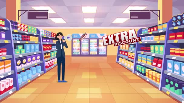 Frau Spricht Megafon Einkaufszentrum Hintergrund Extra Rabatt Zeichentrickfigur Einkaufszentrum Animation — Stockvideo
