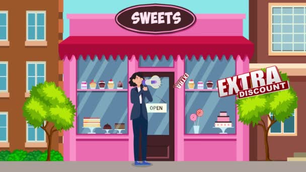 Frau Spricht Megafon Süßwarengeschäft Hintergrund Extra Rabatt Zeichentrickfigur Süßwarengeschäft Animation — Stockvideo