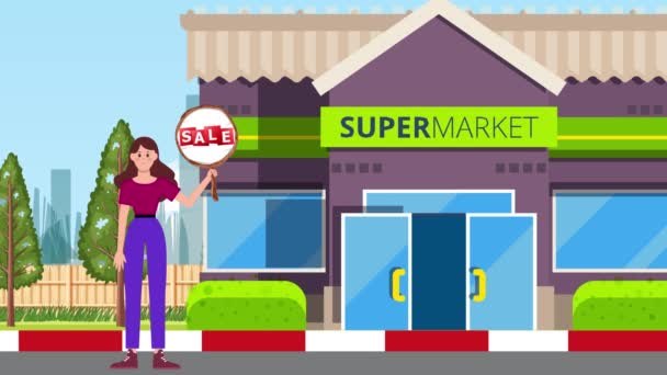 販売看板を保持し スーパーマーケットの背景に立っている少女 アニメーション サイン スタンド マーケティング ビジネス — ストック動画