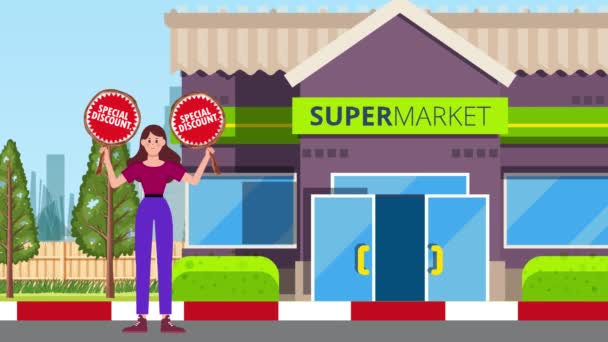 特別割引看板を保持し スーパーマーケットの背景に立っている少女 アニメーション サイン スタンド マーケティング ビジネス — ストック動画