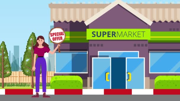 Dziewczyna Posiadająca Specjalną Ofertę Signboard Standing Super Market Tło Animacja — Wideo stockowe