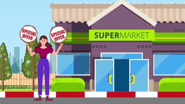 スーパーマーケットの背景 アニメーション サイン スタンド マーケティング ビジネスに立って特別なオファーの看板を保持する少女 — ストック動画