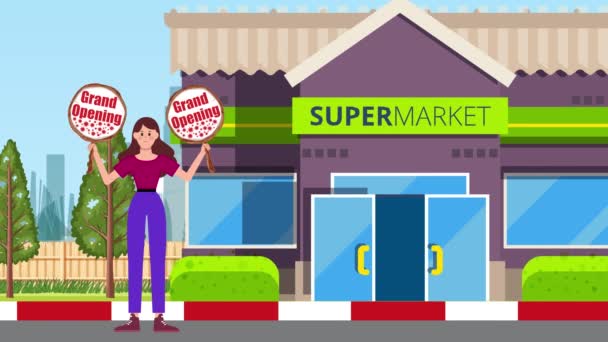 Garota Segurando Grandes Placas Abertura Fundo Supermercado Animação Mulher Sinal — Vídeo de Stock
