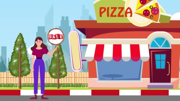 Girl Holding Sale Signboard Standing Pizza Shop Background Animation Woman — Stok Video