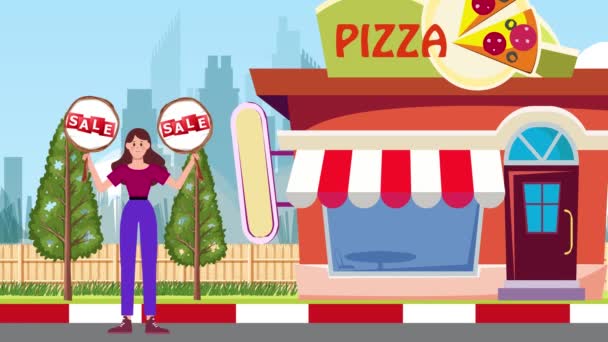 Menina Segurando Uma Placa Venda Fundo Pizza Shop Animação Mulher — Vídeo de Stock