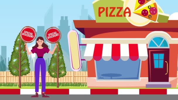 Girl Holding Special Discount Signboards Standing Pizza Shop Background Animation — Stok Video