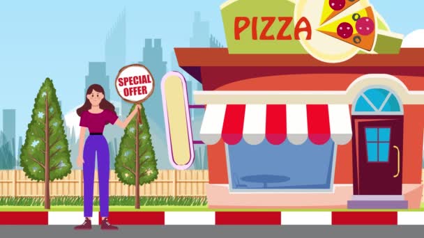 特別なオファーの看板を保持し ピザショップの背景に立っている少女 アニメーション サイン スタンド マーケティング ビジネス — ストック動画