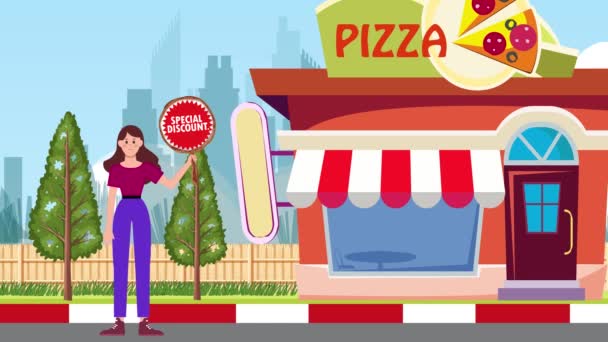 特別割引看板を保持し ピザショップの背景に立っている少女 アニメーション サイン スタンド マーケティング ビジネス — ストック動画