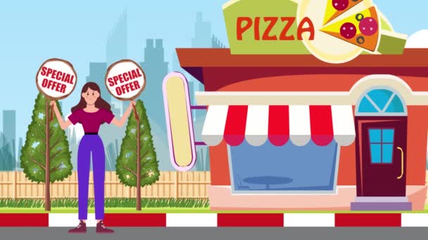 Girl Holding Special Offer Signboard Standing Pizza Shop Background Animation — Stock Video