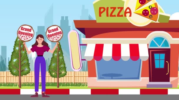 Dziewczyna Holding Grand Otwarcie Signboards Stojąc Tle Pizza Shop Animacja — Wideo stockowe