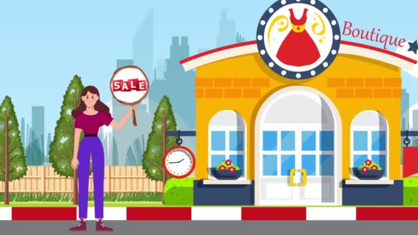 Girl Holding Sale Signboards Standing Boutique Background Animation Woman Sign — Stok Video