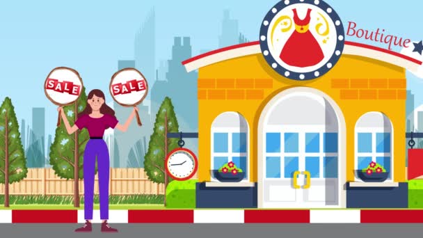Girl Holding Sale Signboards Standing Boutique Background Animation Woman Sign — Stok Video