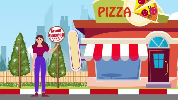 グランドオープニング看板を保持し ピザショップの背景に立っている少女 アニメーション サイン スタンド マーケティング ビジネス — ストック動画