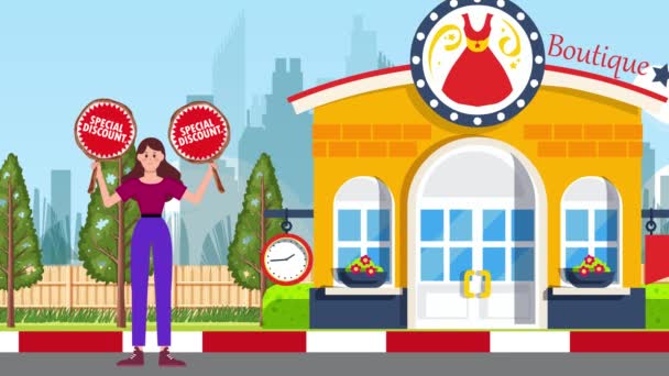 Mädchen Halten Spezielle Rabattschilder Und Stehen Auf Boutique Hintergrund Animation — Stockvideo