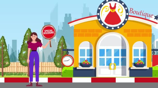 Girl Holding Special Discount Signboard Standing Boutique Background Animation Woman — Stok Video