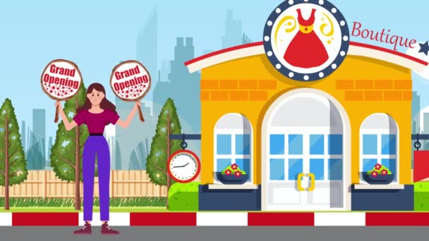 Mädchen Mit Großen Eröffnungsschildern Und Standing Boutique Hintergrund Animation Frau — Stockvideo