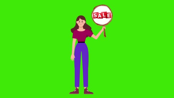 Dívka Držení Prodejní Tabule Stojící Zeleném Pozadí Animace Žena Znamení — Stock video