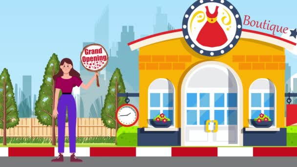 グランドオープニング看板を保持し ブティックの背景に立っている少女 アニメーション サイン スタンド マーケティング ビジネス — ストック動画