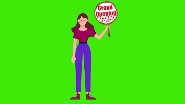 Mädchen Mit Einem Großen Eröffnungsschild Und Auf Grünem Hintergrund Animation — Stockvideo