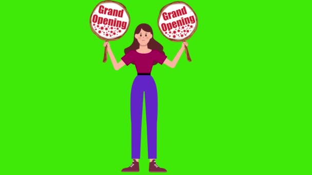 Girl Holding Grand Opening Signboards Staande Groene Achtergrond Animatie Vrouw — Stockvideo