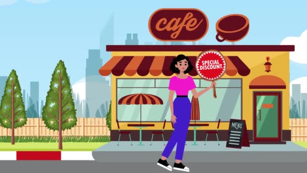 Dziewczyna Gospodarstwa Specjalny Rabat Podpis Chodzenie Tle Cafe Animacja Kobieta — Wideo stockowe