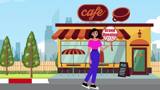 Girl Holding Grand Opening Signboard Walking Cafe Background Animation Woman — Stock video