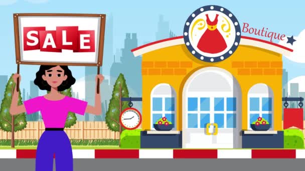 Girl Holding Sale Ajánlat Felirat Jön Fel Boutique Háttér Animáció — Stock videók