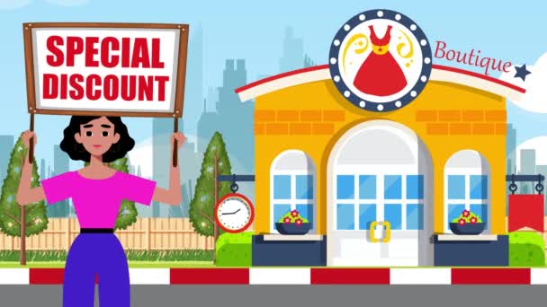 Girl Holding Special Discount Signboard Comes Boutique Arrière Plan Animation — Video