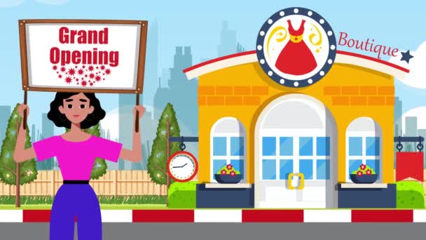 Girl Holding Grand Opening Signboard Comes Boutique Háttér Animáció Jelzés — Stock videók