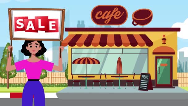販売看板を保持し カフェの背景 アニメーション サイン マーケティング ビジネスで来る少女 — ストック動画