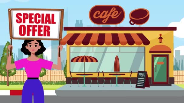 Dziewczyna Gospodarstwa Specjalna Oferta Podpis Wychodzi Tle Cafe Animacja Kobieta — Wideo stockowe