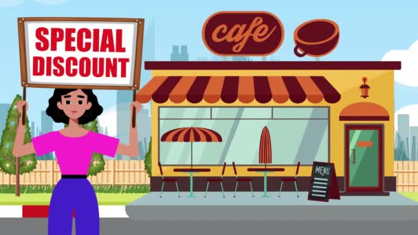特別割引看板を保持し カフェの背景 アニメーション サイン マーケティング ビジネスで来る少女 — ストック動画