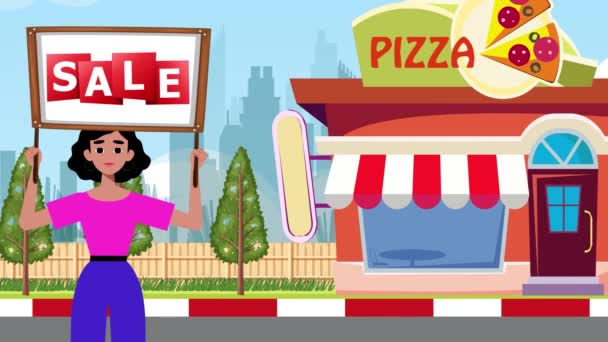 販売看板を保持し ピザショップの背景 アニメーション サイン マーケティング ビジネス ストリート 道路で来る少女 — ストック動画