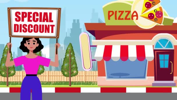 特別割引看板を保持し ピザショップの背景 アニメーション サイン マーケティング ビジネス ストリート ロード シティで来る少女 — ストック動画