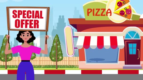 Girl Holding Special Offer Signboard Comes Pizza Shop Background Animation — Stock Video