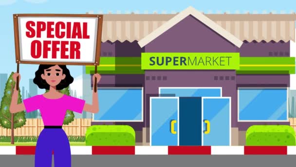 特別なオファーの看板を保持し スーパーマーケットの背景 アニメーション サイン マーケティング ビジネスで来る少女 — ストック動画