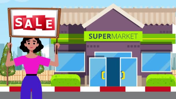Dziewczyna Gospodarstwa Sprzedaż Signboard Wychodzi Tle Super Market Animacja Kobieta — Wideo stockowe