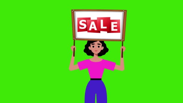 Girl Holding Sale Signboard Comes Green Background Animation Woman Sign — Stock Video