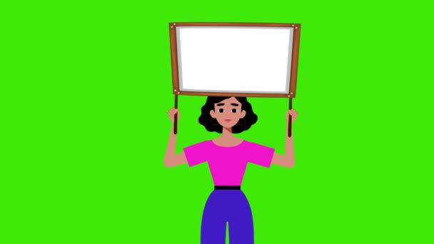 Girl Holding Signboard Comes Green Background Animation Woman Sign Marketing — Stock Video